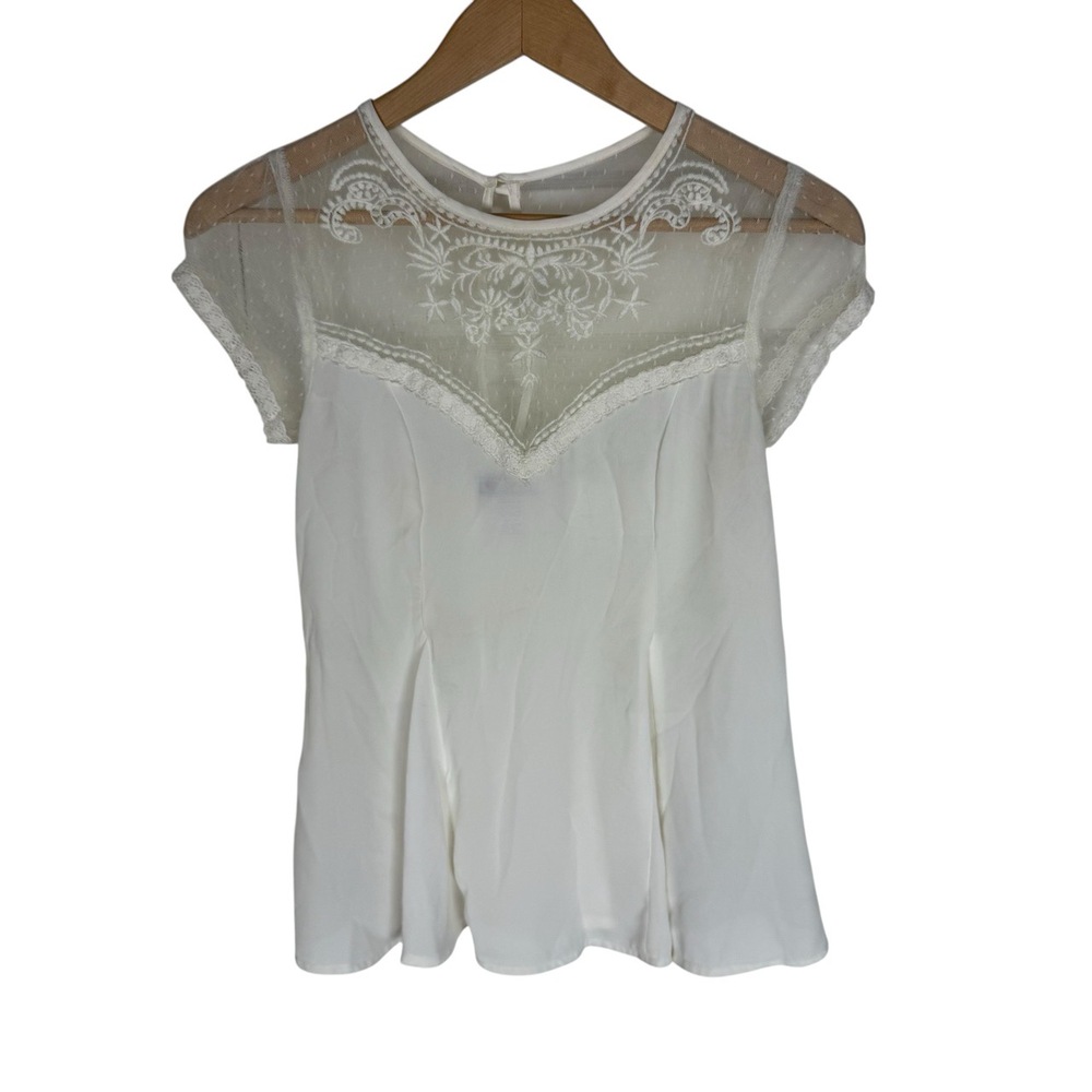 Three Pink Hearts Ivory Sheer Lace Yoke Cap Sleeves Pleated Y2K Blouse XS